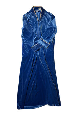 Vintage Adonna Blue Velvet Maxi Robe Dress Gold Trim Lounge Glam Cottagecore